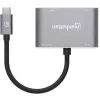 Manhattan USB-C dokų stotelė / šakotuvas, 4 prievadai: HDMI, USB-A, USB-C ir VGA, su Power Delivery (PD) 87W – reikalingas išorinis USB-C įkroviklis (neįtrauktas). Maitinama per USB (nereikia išorinio maitinimo šaltinio), kai PD nenaudojamas. Aliuminis