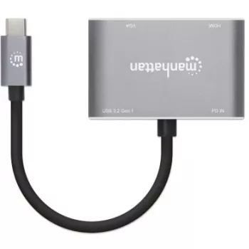 Manhattan USB-C dokų stotelė / šakotuvas, 4 prievadai: HDMI, USB-A, USB-C ir VGA, su Power Delivery (PD) 87W – reikalingas išorinis USB-C įkroviklis (neįtrauktas). Maitinama per USB (nereikia išorinio maitinimo šaltinio), kai PD nenaudojamas. Aliuminis