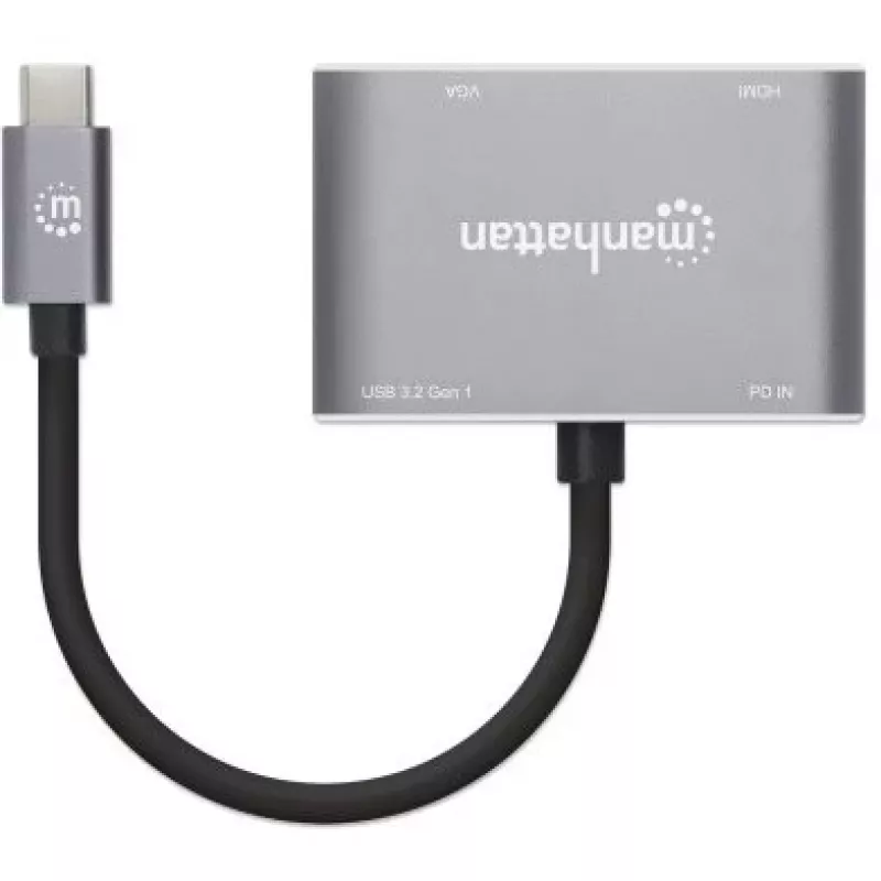 Manhattan USB-C dokų stotelė / šakotuvas, 4 prievadai: HDMI, USB-A, USB-C ir VGA, su Power Delivery (PD) 87W – reikalingas išorinis USB-C įkroviklis (neįtrauktas). Maitinama per USB (nereikia išorinio maitinimo šaltinio), kai PD nenaudojamas. Aliuminis