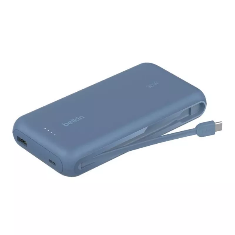 Belkin BPB024HQBL nešiojamas 10 000 mAh power bankas su integruotu USB-C laidu, 20 W