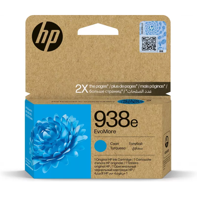 Kasetė HP 938e EvoMore Cyan – standartinė talpa, vienetinis paketas, ~1650 puslapių