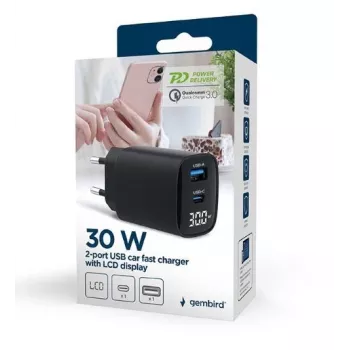 Gembird TA-UC-PDQC30LCD-BK-01 Įkroviklis mobiliesiems 30W greitas įkrovimas Juodas