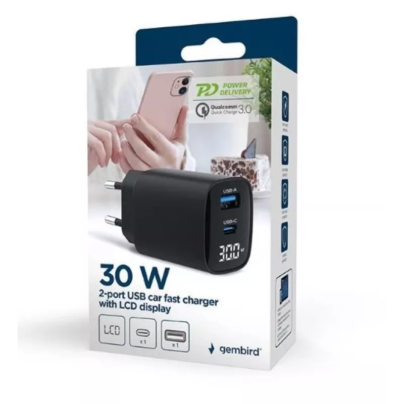 Gembird TA-UC-PDQC30LCD-BK-01 Įkroviklis mobiliesiems 30W greitas įkrovimas Juodas