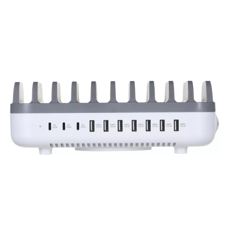 Manhattan įkrovimo stotelė, 10 prievadų: 3x USB-C (iki 18W PD) ir 7x USB-A (iki 12W), 120W bendra galia, balta/pilka, trejų metų garantija