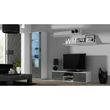 TV stovas cama meble SOHO 140 – 1400×430×370 mm, baltas viršus, medžio drožlių plokštė, baltas rėmas, balta/pilka blizgūs fasadai