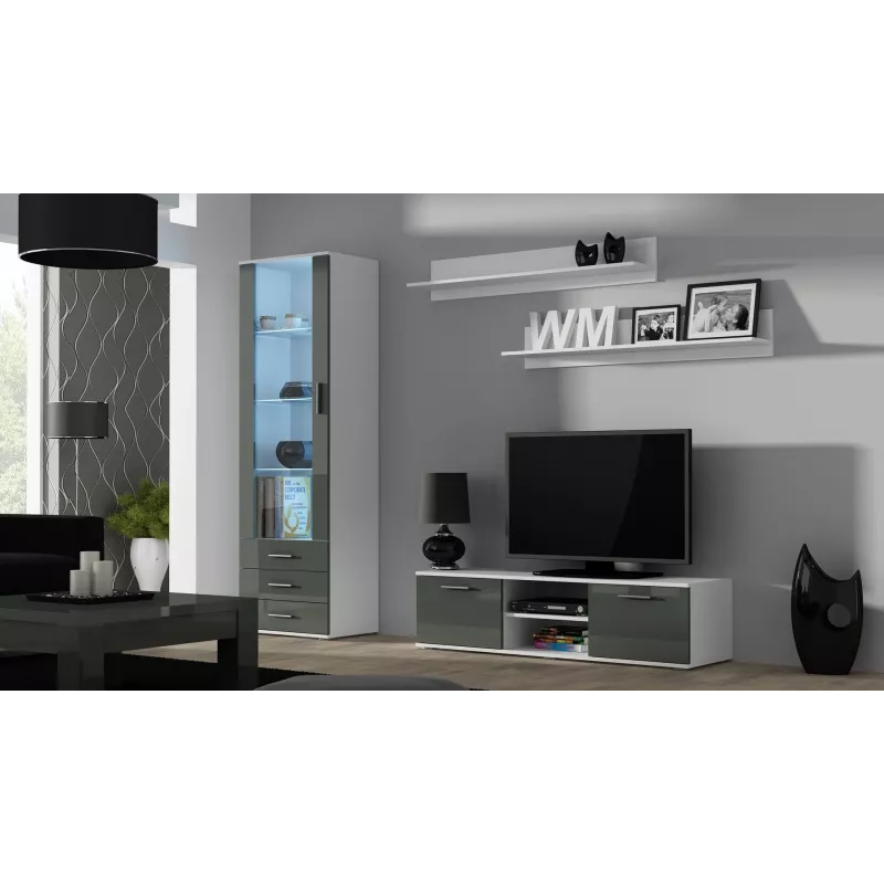 TV stovas cama meble SOHO 140 – 1400×430×370 mm, baltas viršus, medžio drožlių plokštė, baltas rėmas, balta/pilka blizgūs fasadai