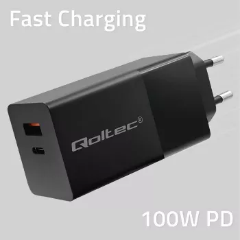 Qoltec 52382 GaN POWER PRO įkroviklis | 1xUSB Type-C | 1xUSB A | 100W | 5-20V | 1.5-5A | PD | Juodas