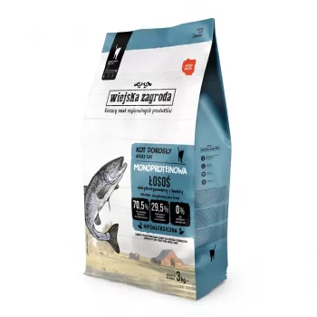 Sausas kačių ėdalas wiejskazagroda Monoprotein Salmon Adult 3 kg – be grūdų, vieno baltymo, 38% baltymų, 20% riebalų