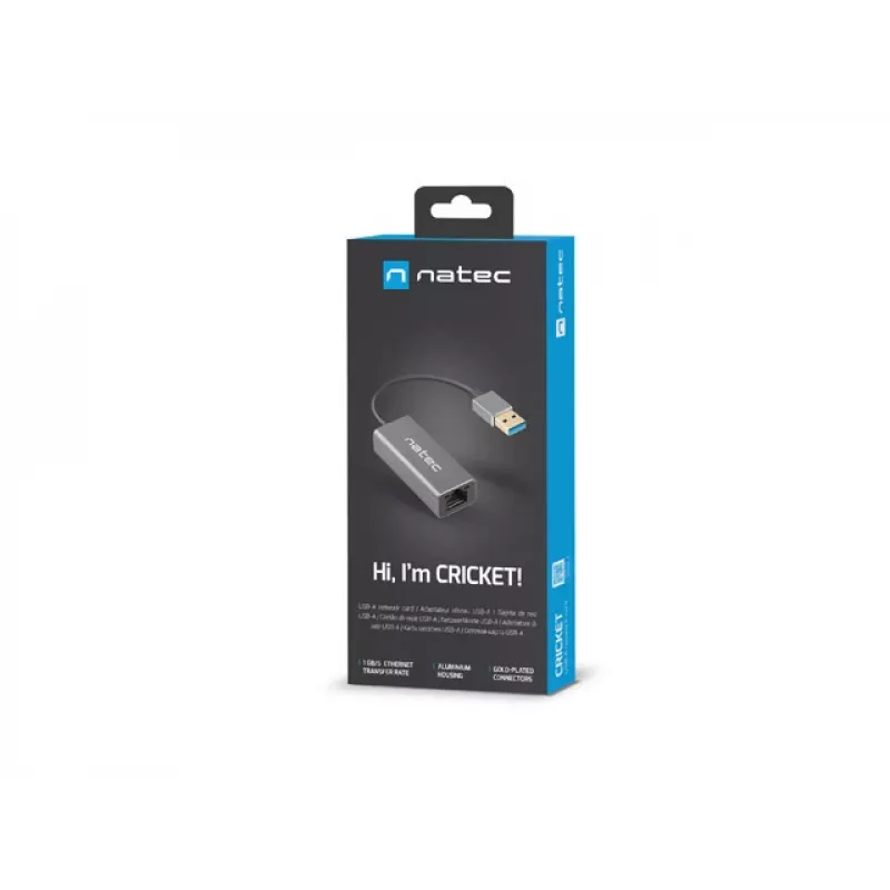 USB centras NATEC Cricket USB 3.2 Gen 1 Type-A su RJ-45 Ethernet 1000 Mbit/s, aliuminio korpusas, juoda