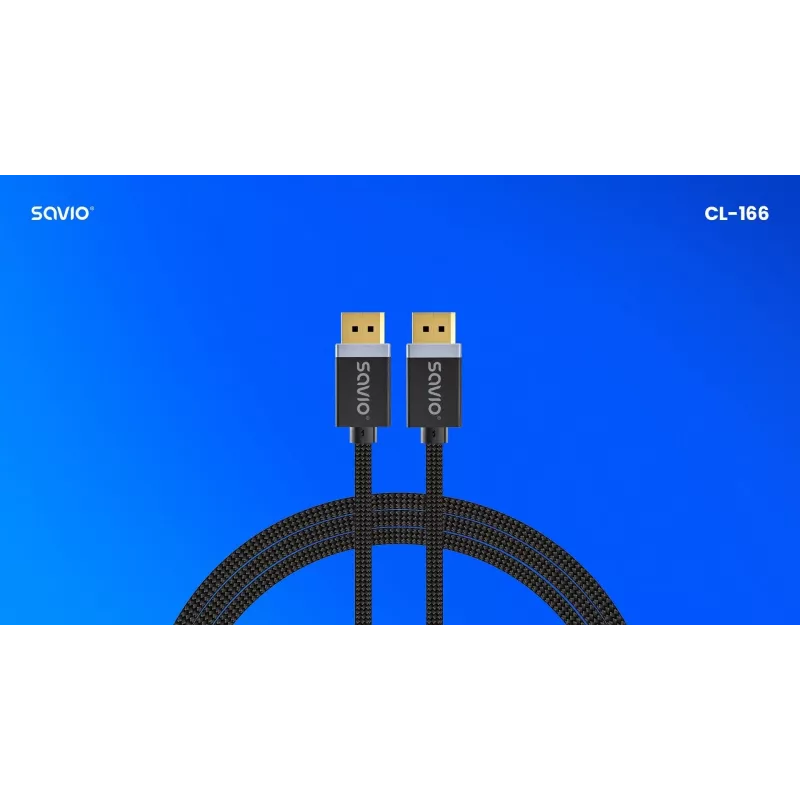 DisplayPort kabelis SAVIO CL-166 2 m Juodas — DisplayPort 1.4, vyriškas-kištukas, paauksuoti kontaktai