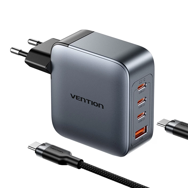 Vention TZ-FETH0-EU GaN kroviklis 100 W, 3x USB-C + 1x USB-A, su USB-C–USB-C laidu 1 m