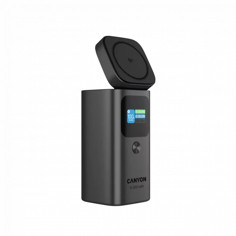 CANYON Qi2 belaidis magnetinis powerbankas OnPower 150 15000mAh Aliuminis tamsiai pilkas