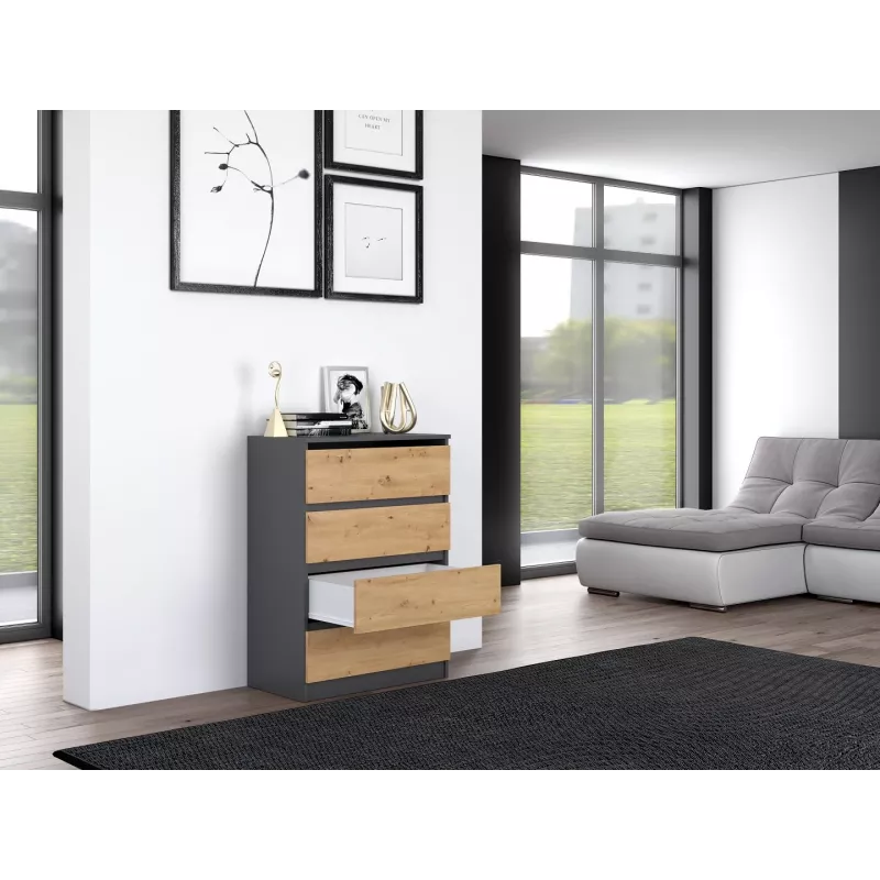 Komoda Top e Shop M4 ANTRACYT/ARTISAN – 4 stalčiai, antracito ir ąžuolo apdaila, 700×400×970 mm, medžio drožlių plokštė