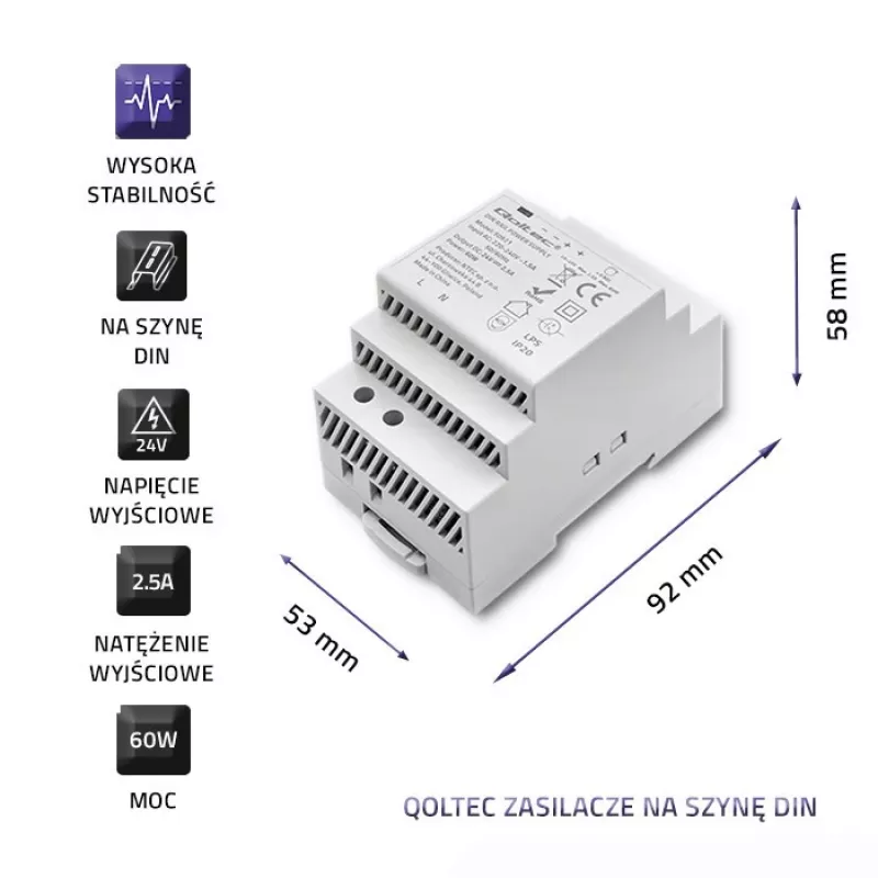 DIN bėgio maitinimo šaltinis QOLTEC 24V 2.5A 60W pilkas