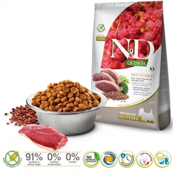 FARMINA N&D Quinoa Dog Duck, Broccoli, Asparagus Neutered Adult Mini - sausas šunų ėdalas - 2,5 kg