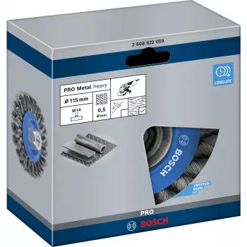 Bosch Heavy for Metal 2608622059 pintas vielinis šepetys šlifuokliui, Ø 115 mm, 0,5 mm plieninė viela, M14
