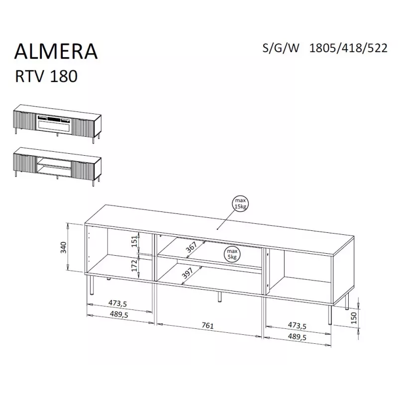 TV spintelė Cama ALMERA 180.5×42×52.5 cm riešutas/kreminė – medžio drožlių plokštės viršus, riešutinės spalvos rėmas
