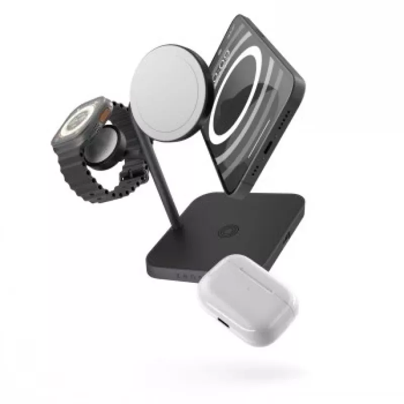 ZENS ZEAPDC01/00 belaidė įkrovimo stotelė 4 viename su MagSafe ir laikrodžio įkrovikliu, 15W+5W+5W+18W USB-C, juoda