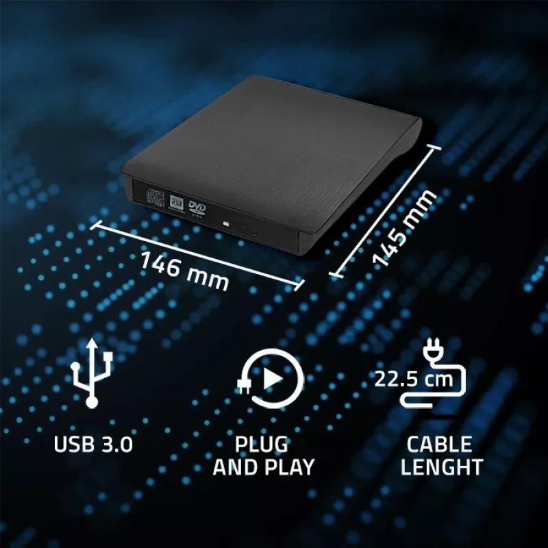 Išorinis DVD‑RW įrenginys QOLTEC 51857 – USB 3.0, SATA sąsaja, DVD±R 8x, DVD±RW 4x, DVD‑RAM 5x, CD 24x, juodas