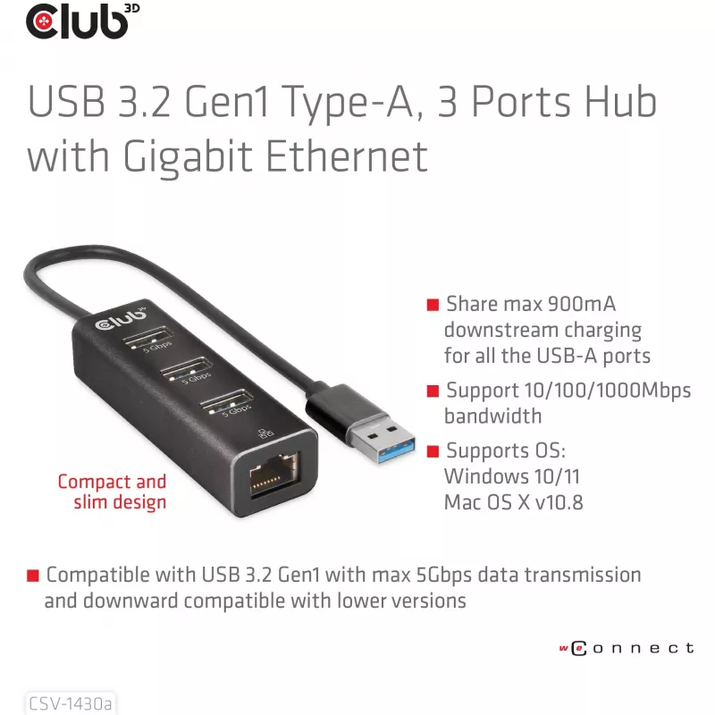 USB 3.2 Gen1 3 prievadų USB-A šakotuvas su Gigabit Ethernet – CLUB3D CSV-1430a