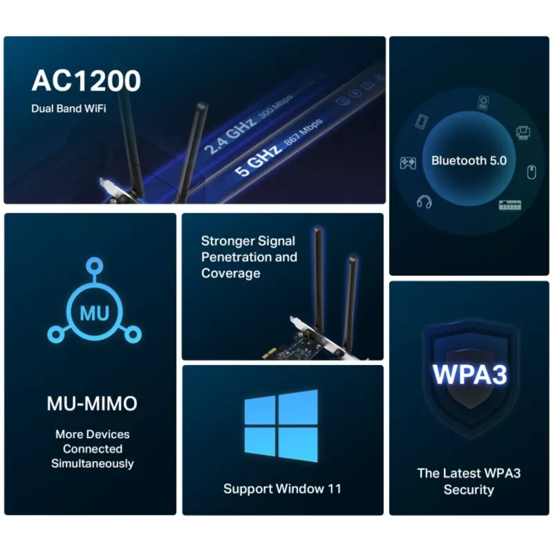 Mercusys AC1200 Wi-Fi Bluetooth PCIe Adapter MA30E Dviejų Juostų