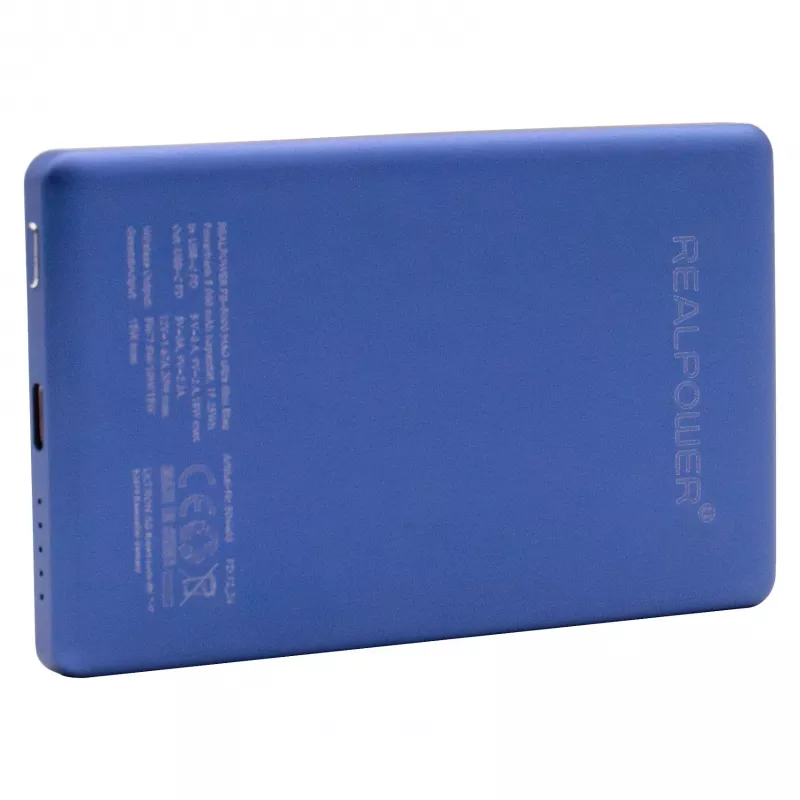 Power bank RealPower PB-5000 MAG 5000 mAh su belaidžiu MagSafe įkrovimu, USB-C, 20 W galia, mėlyna