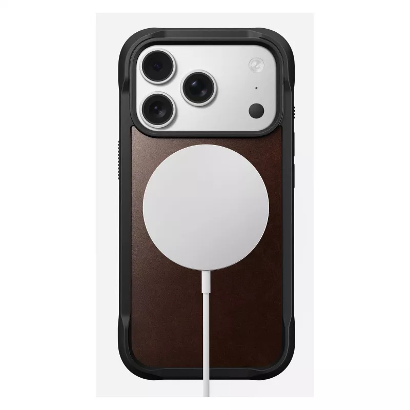Mobilaus telefono dėklas Nomad Rugged Leather Case, skirtas iPhone 17 Pro, 6,3 colio (16 cm), ruda spalva, oda/TPU/aliuminis