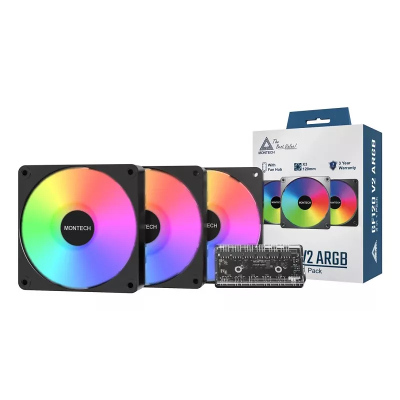 Montech GF120 V2 ARGB kompiuterio korpuso ventiliatorius 12 cm juodas 3 vnt.