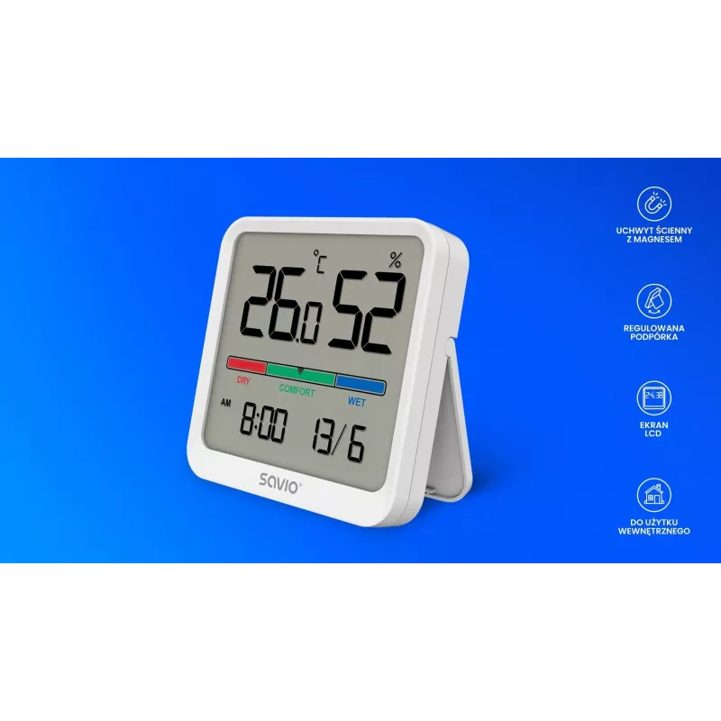 Vidaus temperatūros ir drėgmės jutiklis SAVIO CT-01/W, LCD ekranas, -10–55°C, 10–99%RH, baterija CR2032