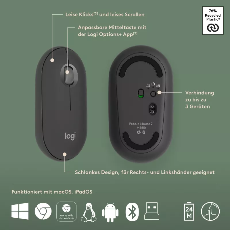 Logitech Pebble 2 Combo belaidė klaviatūra ir pelė QWERTZ vokiška pilka