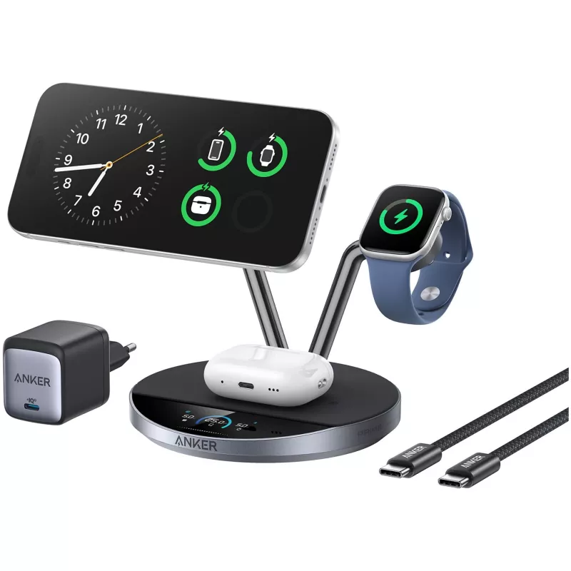 Anker Prime belaidė įkrovimo stotelė Qi2.2 25W (3-in-1, MagGo, AirCool, Dock Stovas) su maitinimo šaltiniu