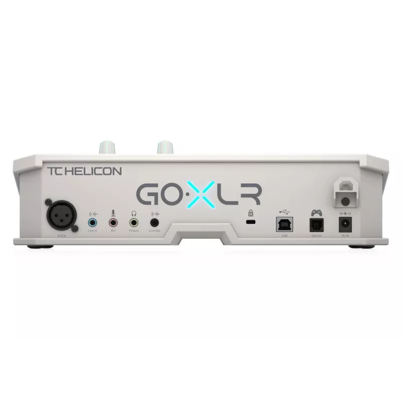 USB garso maišytuvas TC‑Helicon GO XLR‑WH baltas — 1 XLR mikrofono įėjimas, USB‑B, 48 V fantominis maitinimas, 24 bitų / 48 kHz, optinis išėjimas