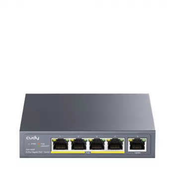 Tinklo jungiklis Cudy GS1005P – 5 prievadų Gigabit Ethernet su 4 PoE prievadais, 60W, metalinis korpusas, montuojamas į stelažą