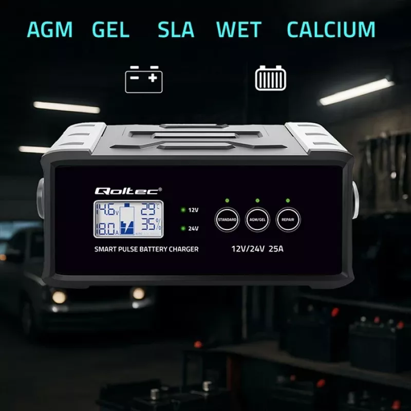 Įkroviklis QOLTEC 52514 – 12V/24V, 25A, AGM/GEL/SLA baterijoms su LCD ekranu