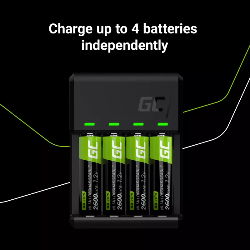 Green Cell GC VitalCharger USB įkroviklis, 4 lizdai, AA/AAA, USB maitinimas, juodas