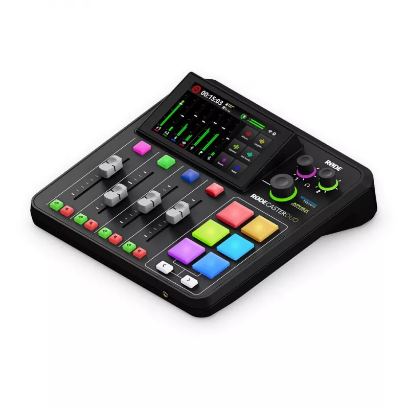 Studijos valdiklis RØDE Caster Duo Black – 2 kombinuoti XLR/TRS, 2 TRS linijiniai išėjimai, 48 kHz, 24 bitai, jutiklinis ekranas, Wi‑Fi, Bluetooth