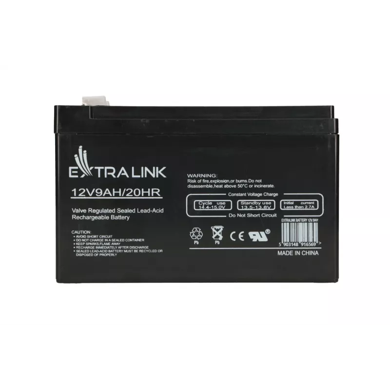 Sandarioji švino rūgšties (VRLA) baterija 12V 9Ah Extralink – AGM, 1 vnt, juoda