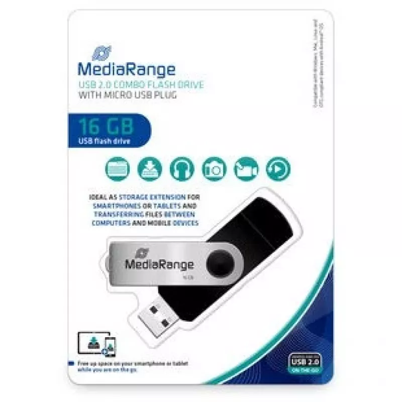 MEDIARANGE MR931-2 16 GB USB atmintukas su USB Type-A / Micro-USB, 2.0, 15 MB/s, pasukama kilpa, sidabrinis-juodas