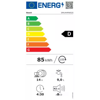 Bosch SMU4HMW02S įmontuojama indaplovė | 60 cm | 14 komplektų | 6 programų | D energijos klasė | AquaStop | Balta