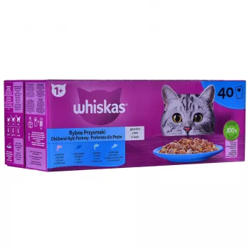 WHISKAS Fish Favourites drebučiuose – šlapias ėdalas katėms – 40x85 g