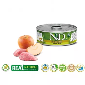 Šlapias kačių ėdalas Farmina N&D Prime Boar & Apple maišelis 70 g – suaugusioms katėms