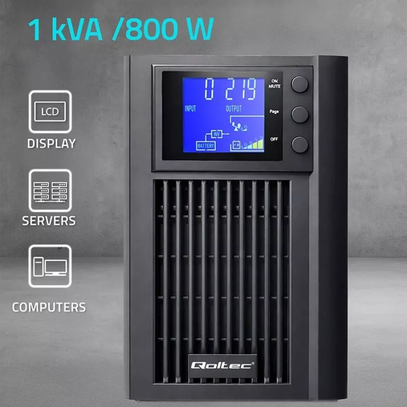 UPS QOLTEC Grynoji sinusinė banga 1kVA 800W su AVR ir LCD ekranu