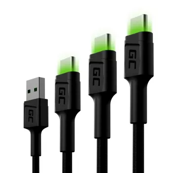 USB-C laidų rinkinys Green Cell GC Ray — USB A į USB C 3 ilgiai (30 cm, 120 cm, 200 cm), USB PD, 480 Mbps, 2,4 A, juodos spalvos