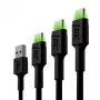 Green Cell GC Ray KABGCSET01 USB-A į USB-C kabelių komplektas, 3 vnt. (30 cm, 120 cm, 200 cm), žalia LED šviesa, QC 3.0 greitasis įkrovimas, juodas
