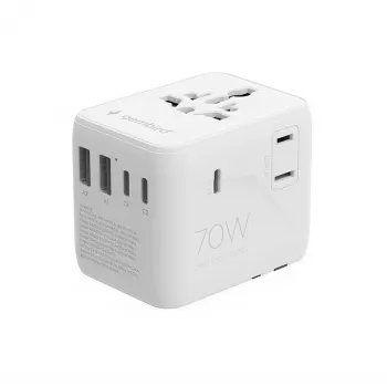 Gembird TPA-2A3C70-01-W universalus kelioninis maitinimo adapteris, 3x USB-C, 2x USB-A, 70 W, GaN, baltos spalvos