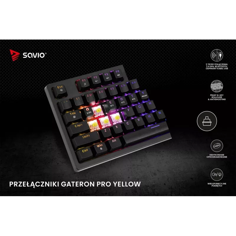 Savio Phenix SAVGK-RED belaidė mechaninė klaviatūra (82 klavišai, 75 %, Gateron Pro, RGB, RF 2,4 GHz / Bluetooth / USB)