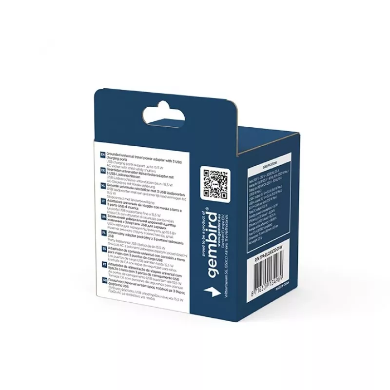 Kelioninis adapteris GEMBIRD TPA-EU2A1C15-01-W — 15W, kištukas E tipas, 2× USB-A + 1× USB-C, 100–250V