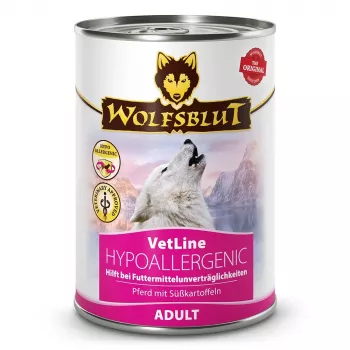 Šlapias šunų ėdalas Wolfsblut VetLine Hypoallergenic Horse 395 g skardinė, pilnavertis suaugusių šunų ėdalas, baltymai 10%, riebalai 4,5%, drėgnumas 80%