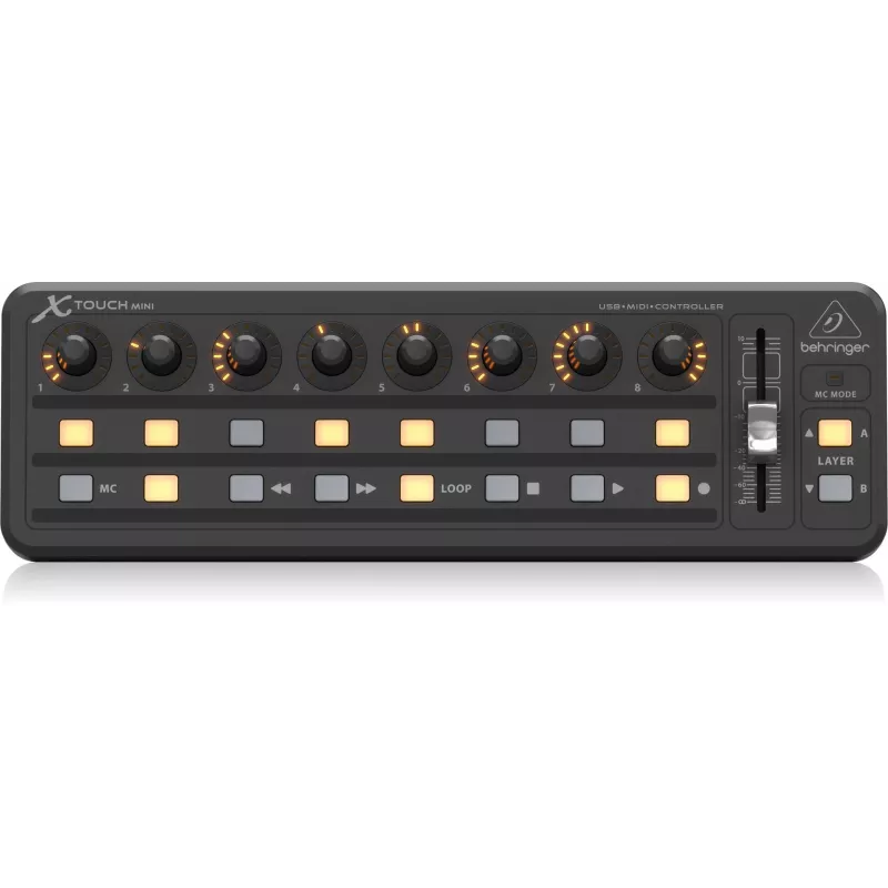 MIDI klaviatūra USB Behringer X-TOUCH MINI, valdymo tipai: mygtukai, sukamieji reguliatoriai, slankikliai