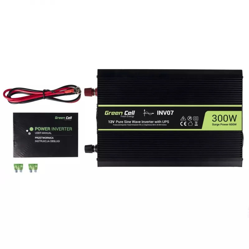 Keitiklis Green Cell INV07, nuo 12 V DC į 230 V AC, 300 W, grynas sinusas, juodas